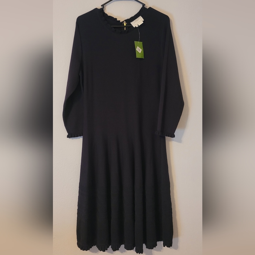 Kate Spade Sz L Black Knit Pointelle Drop Waist Ruffled Fit and Flare Dress